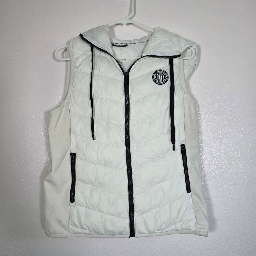 DKNY Sport Hooded Puffer Vest White Zip Logo Lightweight Women's M